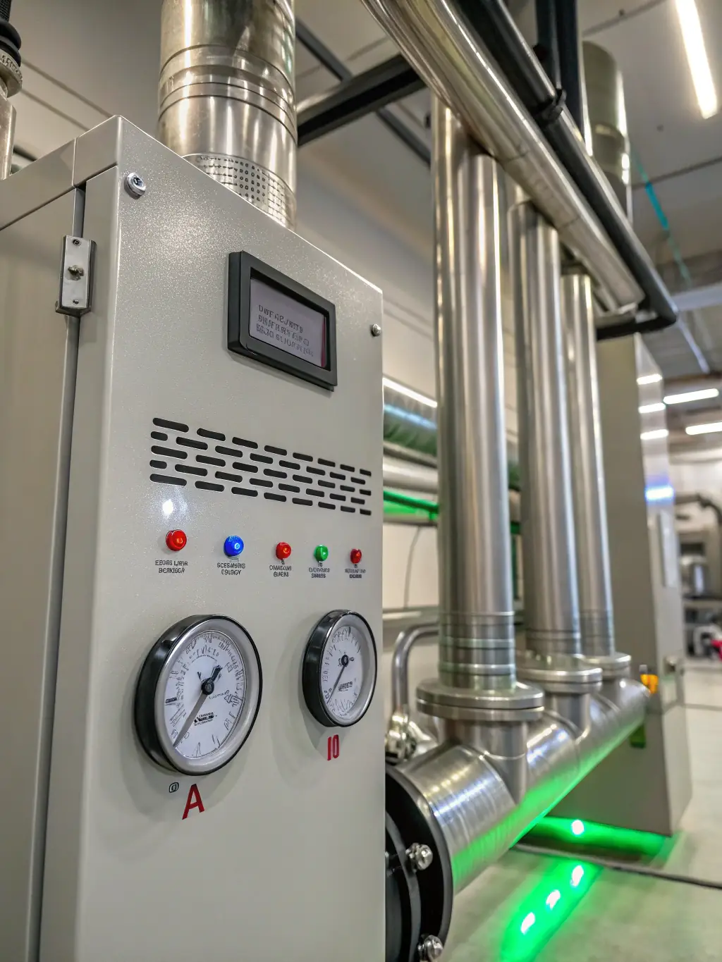 A close-up of a supercritical CO2 heat pump system, showcasing Greensmart Ltd.'s innovative approach to energy management.