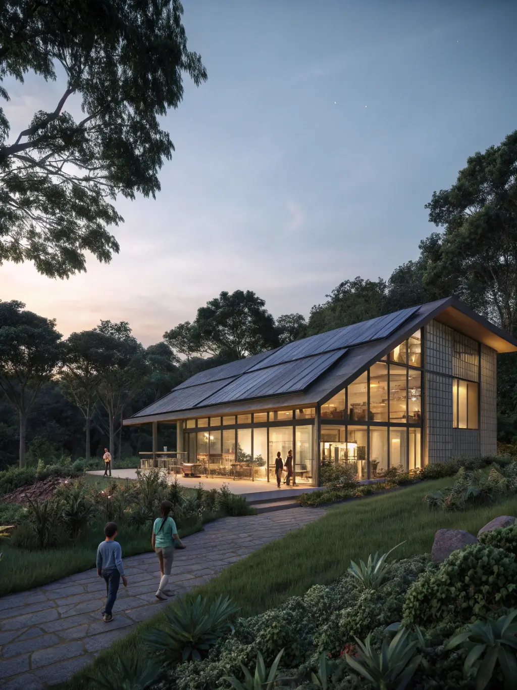 A futuristic building facade with integrated solar panels and smart sensors, symbolizing Greensmart Ltd.'s commitment to sustainable technology.