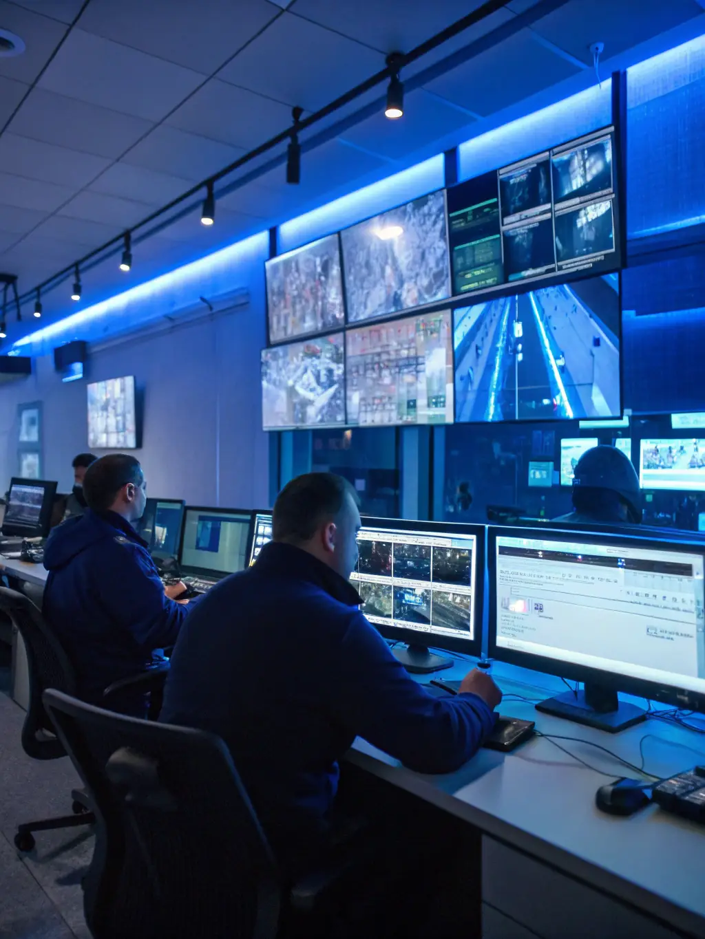 A security control room displaying multiple camera feeds and sensor data, illustrating the comprehensive security management capabilities of the Greensmart platform.