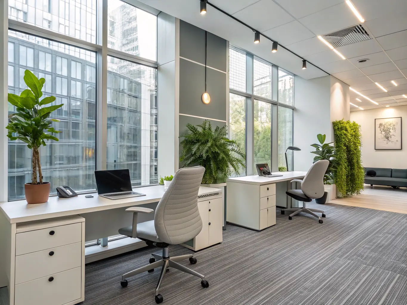 An interior shot of a modern office space with comfortable seating, natural light, and smart climate control, illustrating enhanced occupant comfort and productivity.