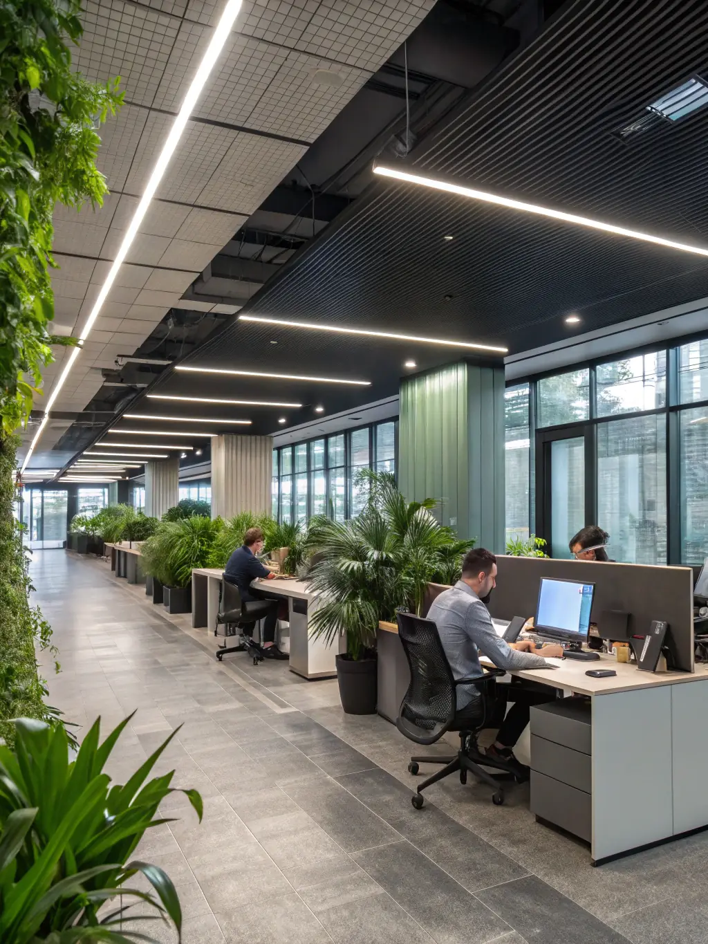 A brightly lit, modern office space where the lighting adjusts automatically based on occupancy and natural light levels, demonstrating the smart lighting feature of Greensmart's platform.